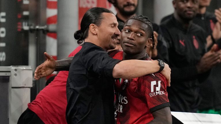 Rafael Leao celebrated his second, and Milan&#39;s third, goal of their 3-1 win over Verona on the touchline