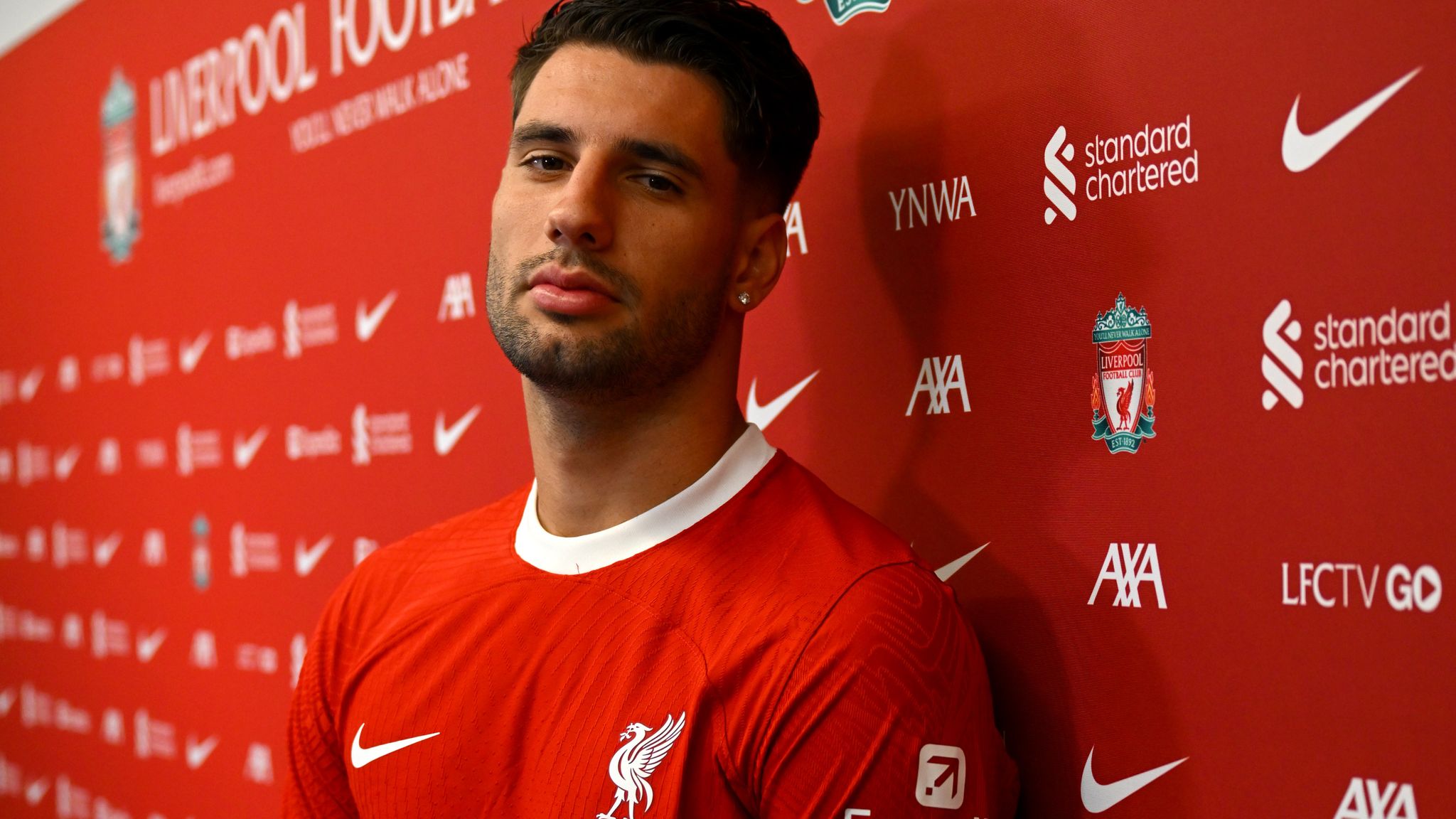 Dominik Szoboslai poses during his Liverpool announcement.