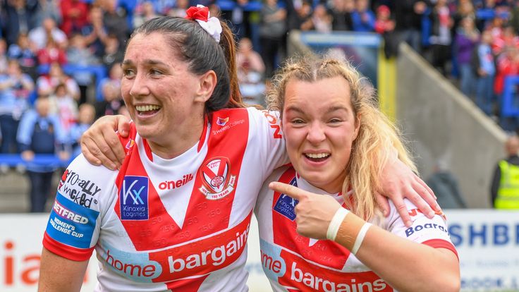 Picture by Olly Hassell/SWpix.com - 22/07/2023 - Rugby League - Betfred Women's Challenge Cup Semi Final - St Helens v York Valkyrie - Halliwell Jones Stadium, Warrington, England - St Helens's Philippa Birchall and Faye Gaskin celebrating their sides victory over York