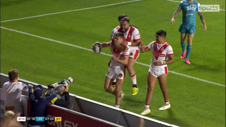 Jack Welsby scores his second try for St Helens in the game against Leeds