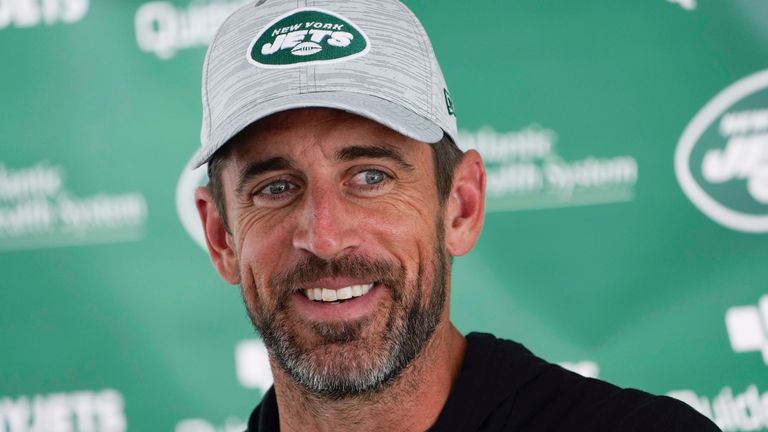New York Jets quarterback Aaron Rodgers speaks to reporters after a practice at the NFL team's training facility (AP Photo/Seth Wenig)