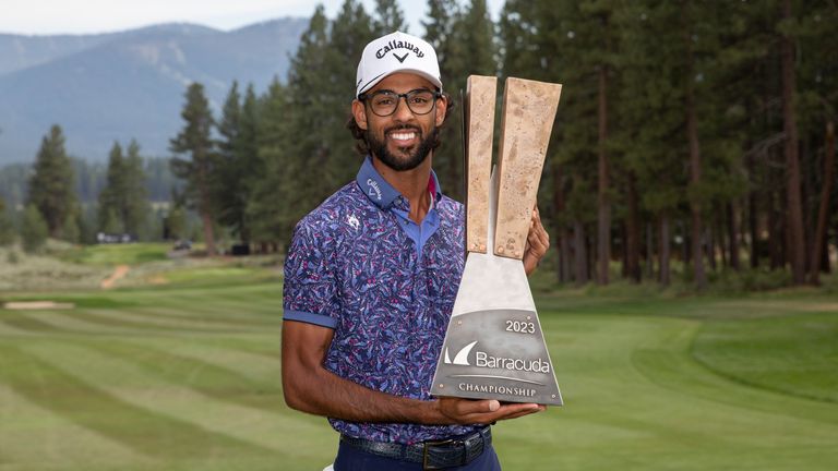 Akshay Bhatia holds the trophy after winning the Barracuda Championship at the Tahoe Mountain Club in California (AP Photo/Tom R. Smedes)