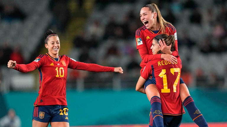 Alba Redondo celebrates Spain's fifth goal against Zambia