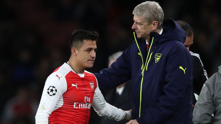 Arsenal&#39;s Alexis Sanchez walks by manager Arsene Wenger after being substituted during the UEFA Champions League Round of 16, Second Leg match at the Emirates Stadium, London. PRESS ASSOCIATION Photo. Picture date: Tuesday March 7, 2017. See PA story SOCCER Arsenal. Photo credit should read: Nick Potts/PA Wire