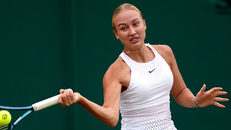 Anastasia Potapova in action against Mirra Andreeva (not pictured) on day seven of the 2023 Wimbledon Championships at the All England Lawn Tennis and Croquet Club in Wimbledon.