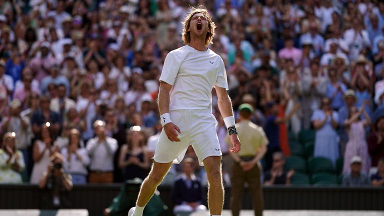 Andrey Rublev celebrates beating Alexander Bublik (not pictured) on day seven of the 2023 Wimbledon Championships at the All England Lawn Tennis and Croquet Club in Wimbledon.  Picture date: Sunday July 9, 2023.