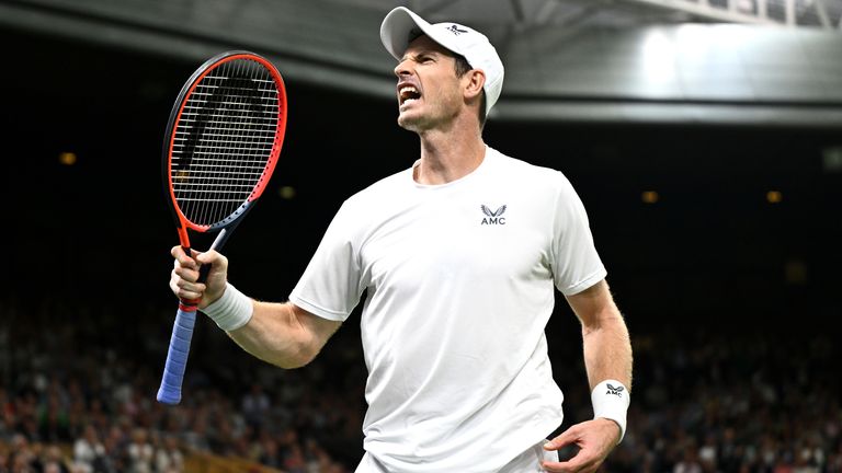 Andy Murray of Great Britain celebrates against Stefanos Tsitsipas of Greece in the Men&#39;s Singles second round match during day four of The Championships Wimbledon 2023 at All England Lawn Tennis and Croquet Club on July 06, 2023 in London, England. (Photo by Mike Hewitt/Getty Images)