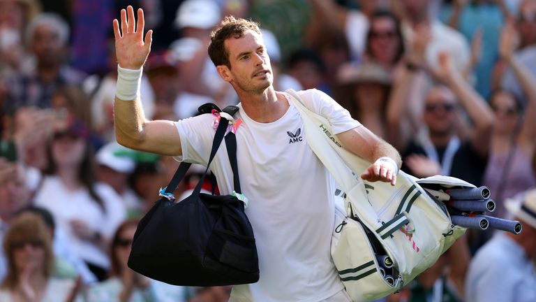 Andy Murray waves to the crowd after losing to Stefanos Tsitsipas (not pictured) on day five of the 2023 Wimbledon Championships at the All England Lawn Tennis and Croquet Club in Wimbledon.  Picture date: Friday July 7, 2023.