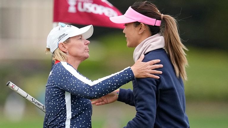 Annika Sorenstam of Sweden (left) hugs Michelle Wie West during the second round of the US Women's Open