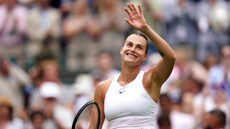 Aryna Sabalenka celebrates victory over Ekaterina Alexandrova on day eight of the 2023 Wimbledon Championships at the All England Lawn Tennis and Croquet Club in Wimbledon. Picture date: Monday July 10, 2023