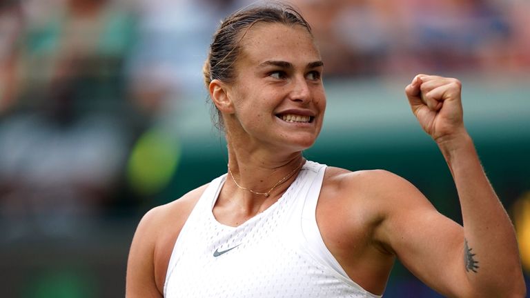 Aryna Sabalenka celebrates victory over Madison Keys following the ladies&#39; quarter-finals match on day ten of the 2023 Wimbledon Championships at the All England Lawn Tennis and Croquet Club in Wimbledon. Picture date: Wednesday July 12, 2023.