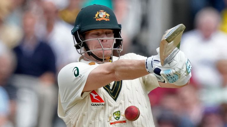 Australia's Steven Smith plays a shot during the fourth day of the second Ashes Test match between England and Australia, at Lord's cricket ground in London, Saturday, July 1, 2023. (AP Photo/Kirsty Wigglesworth)