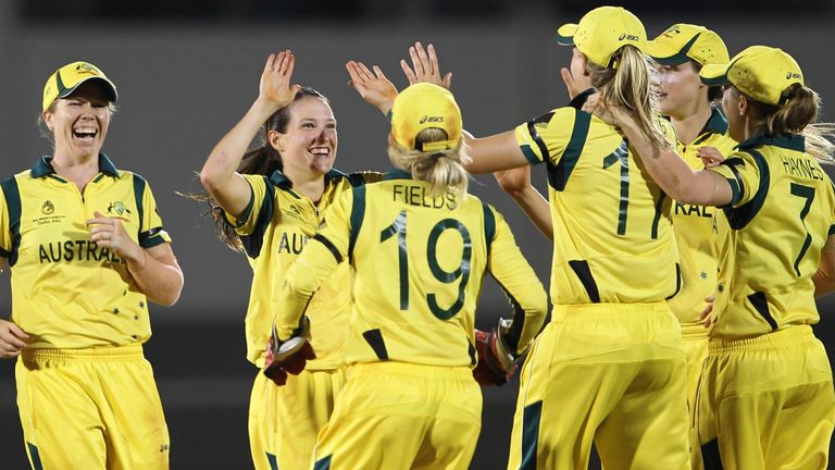 Australia's Megan Schutt celebrates taking the wicket of West Indies' Shemaine Cambelle during the final match of the ICC Women's World Cup cricket