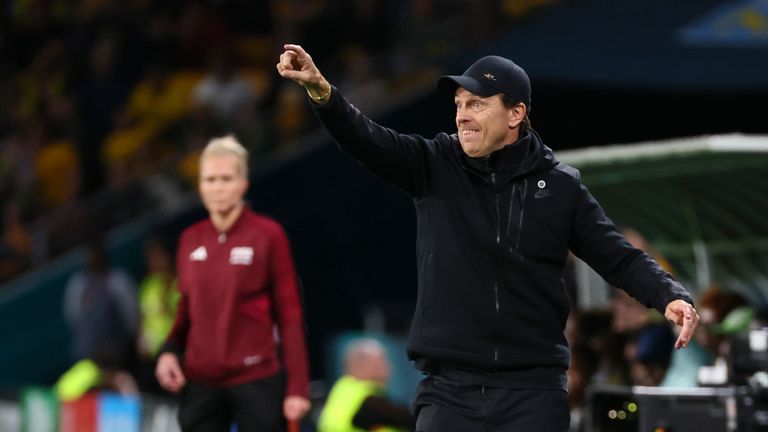 Australia's head coach Tony Gustavsson gives instructions during the Women's World Cup Group B match against Nigeria 