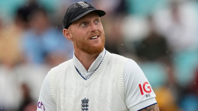 Ben Stokes in The Kia Oval rain (Associated Press)