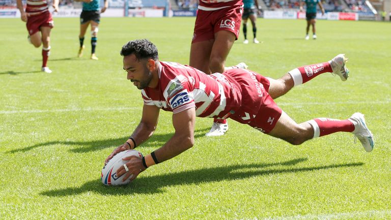 Ed Sykes/SWpix.com - 29/07/2023 - Rugby League - Betfred Super League Round 20 - Wigan Warriors v Leigh Leopards - DW Stadium, Wigan, England - Wigan Warriors' Bevan French scores their third try