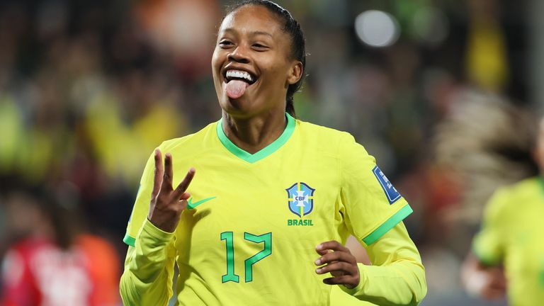 Brazil's Ary Borges celebrates her hat trick goal during the Women's World Cup Group F soccer match between Brazil and Panama in Adelaide, Australia, Monday, July 24, 2023. (AP Photo/James Elsby)
