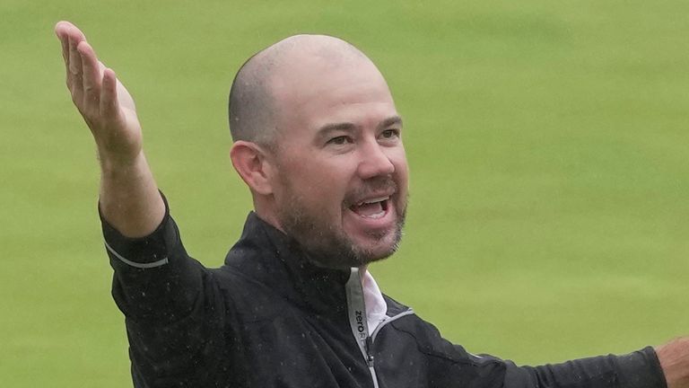 United States' Brian Harman celebrates on the 18th green after winning the British Open Golf Championships at the Royal Liverpool Golf Club in Hoylake, England, Sunday, July 23, 2023. (AP Photo/Kin Cheung)