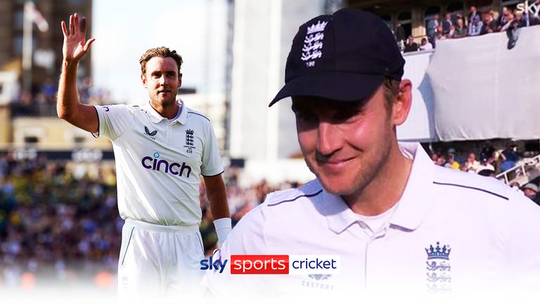 Retiring player England&#39;s Stuart Broad acknowledges the crowd