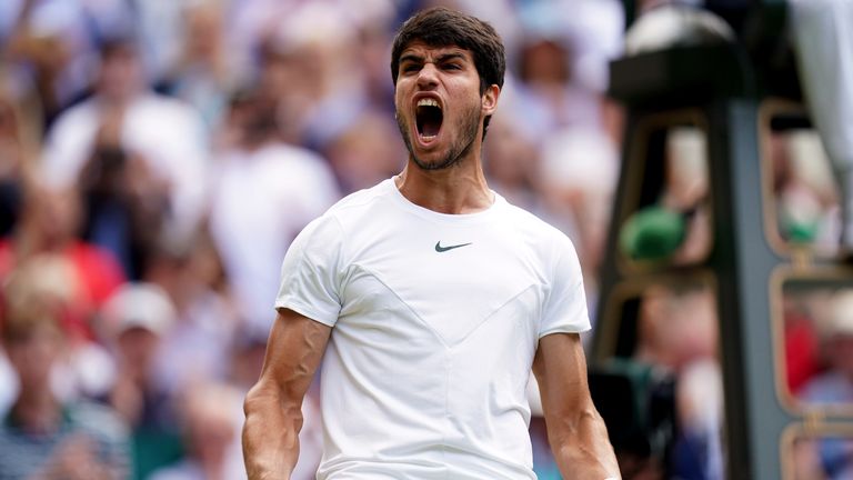 Carlos Alcaraz celebrates victory over Holger Rune following the gentlemen&#39;s quarter-finals match on day ten of the 2023 Wimbledon Championships at the All England Lawn Tennis and Croquet Club in Wimbledon. Picture date: Wednesday July 12, 2023.