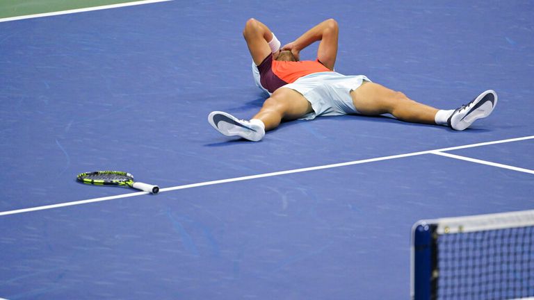 Carlos Alcaraz celebrates after winning a men&#39;s singles championship match at the 2022 US Open, Sunday, Sep. 11, 2022 in Flushing, NY. (Pete Staples/USTA via AP)
