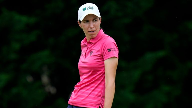 Carlota Ciganda, of Spain, waits to putt on the thirteenth hole during the final round of the Women's PGA Championship golf tournament, Sunday, June 25, 2023, in Springfield, N.J. (AP Photo/Seth Wenig)