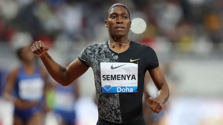  South Africa's Caster Semenya crosses the line to win the gold in the women's 800-meter final during the Diamond League in Doha, Qatar 