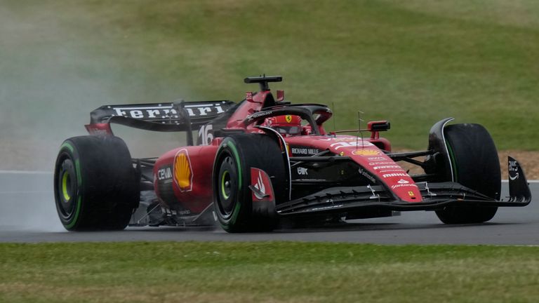 Ferrari driver Charles Leclerc of Monaco steers his car during the third free practice at the British Formula One Grand Prix at the Silverstone racetrack, Silverstone, England, Saturday, July 8, 2023. The British Formula One Grand Prix will be held on Sunday. (AP Photo/Luca Bruno)