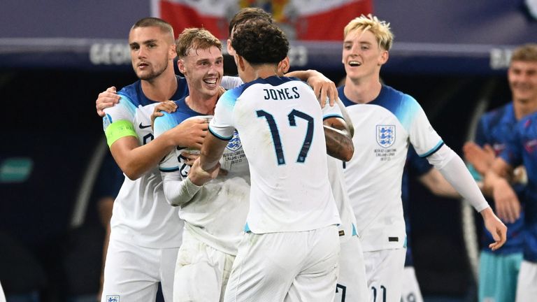 England&#39;s players celebrates after scoring their side&#39;s first goal scored by Curtis Jones during the Euro 2023 U21 Championship final soccer match between England and Spain at the Batumi Arena stadium in Batumi, Georgia, Saturday, July 8, 2023