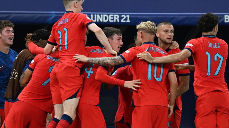 England's players celebrate doubling their lead after VAR rules in favour of Cole Palmer