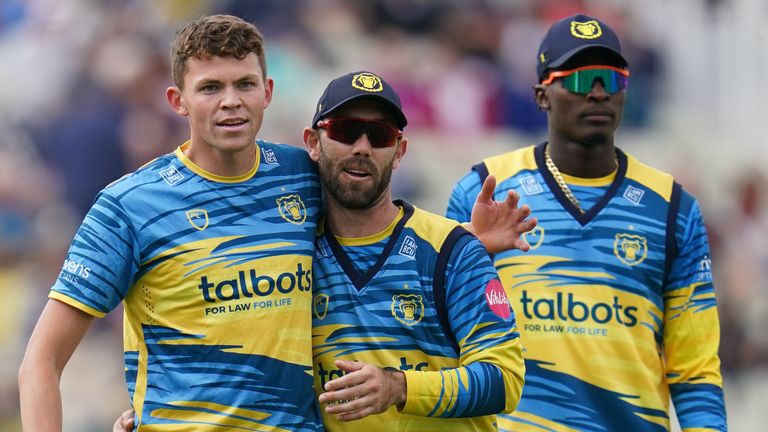 L-R: Birmingham Bears' Henry Brookes, Glenn Maxwell and Dominic Drakes celebrate a wicket (PA Images)