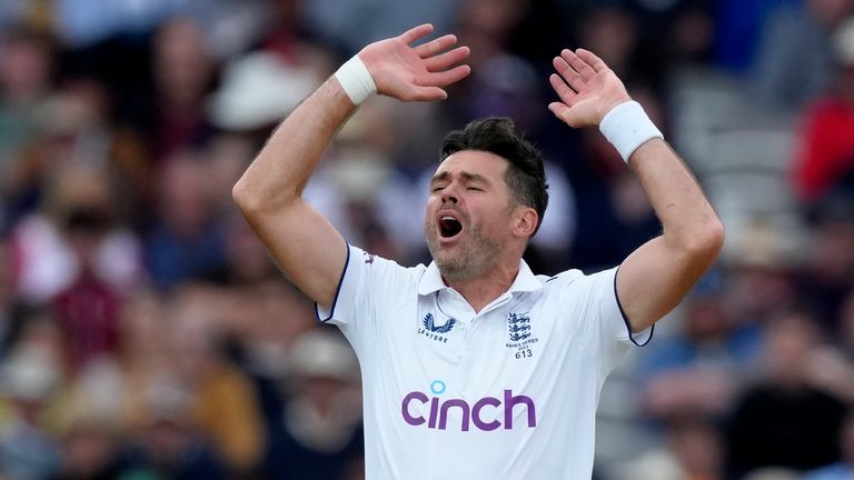England's James Anderson reacts after bowling during the second Ashes Test at Lord's (AP)