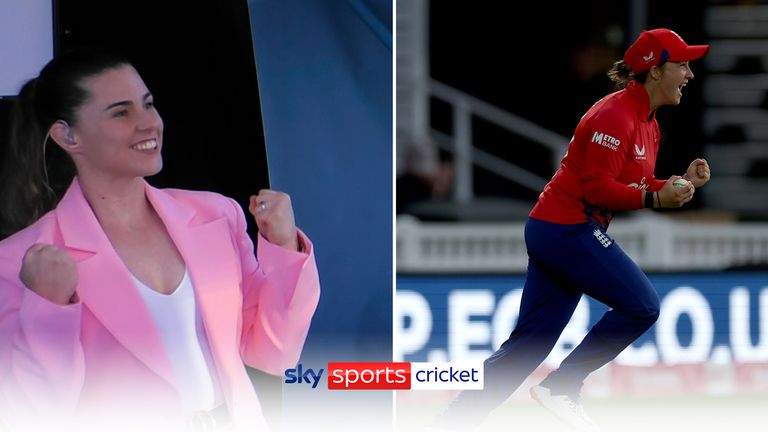 Tammy Beaumont joined the Sky Sports commentary in the comms box as she s included in the squad this the moment that she celebrated fellow teammate Alice Capsey s catch from Jess Jonassen s hit