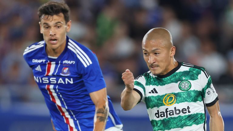 YOKOHAMA, JAPAN - JULY 19: Celtic's Daizen Maeda has a shot during a pre-season friendly between Yokohama F. Marinos and Celtic at the Nissan Stadium, on July 19, 2023, in Yokohama, Japan. (Photo by Naoki Morita / SNS Group)