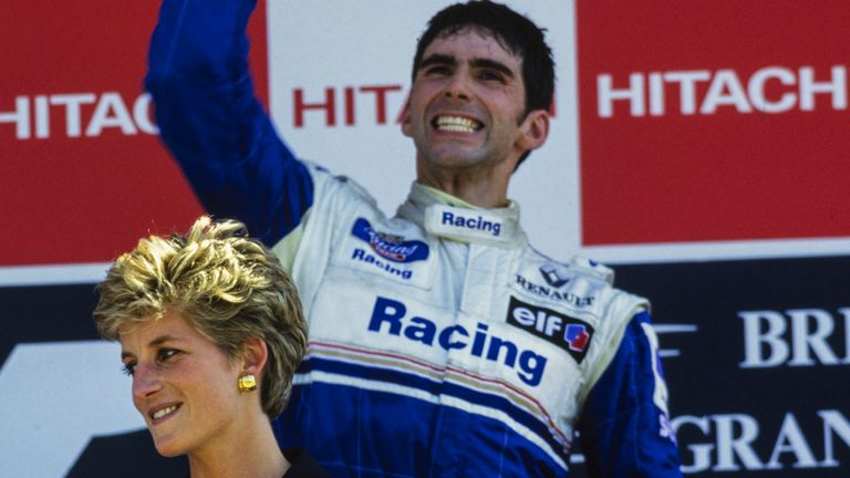 Damon Hill celebrates winning the British Grand Prix, with Princess Diana part of the podium ceremony