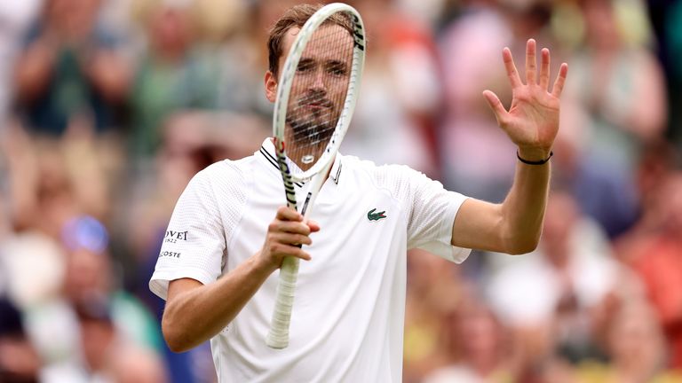 Daniil Medvedev celebrates victory over Christopher Eubanks following the gentlemen&#39;s quarter-finals match on day ten of the 2023 Wimbledon Championships at the All England Lawn Tennis and Croquet Club in Wimbledon. Picture date: Wednesday July 12, 2023.