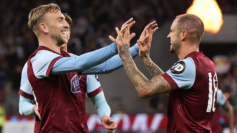 Danny Ings (right) celebrates with Jarrod Bowen (left) after opening the scoring for West Ham against Tottenham. 