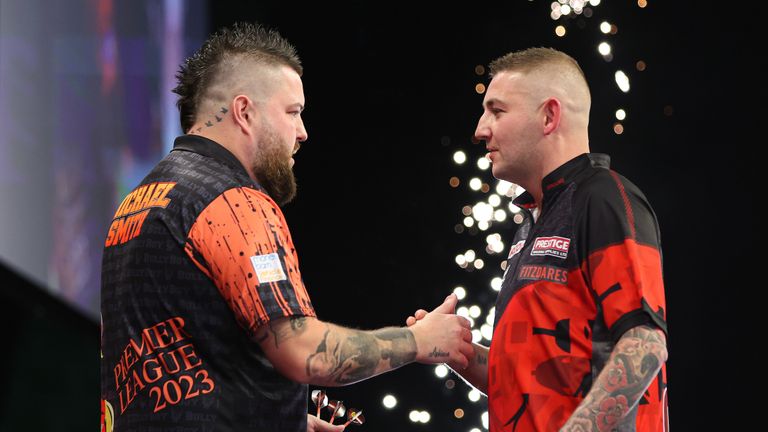 Nathan Aspinall and Michael Smith from the Premier League event at the AO Arena, Manchester on Thursday 4th May 2023.

