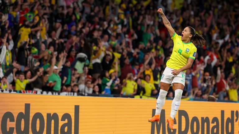 Brazil's Debinha celebrates her goal during the Women's World Cup Group F soccer match between France and Brazil in Brisbane, Australia, Saturday, July 29, 2023. (AP Photo/Katie Tucker)