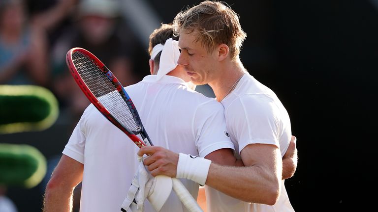 Denis Shapovalov (right) and Liam Broady after their match on day five of the 2023 Wimbledon Championships at the All England Lawn Tennis and Croquet Club in Wimbledon. Picture date: Friday July 7, 2023.