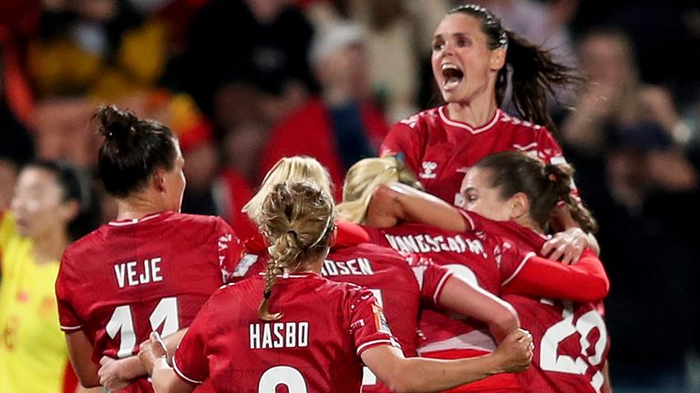 Denmark players celebrate after Amalie Vangsgaard scored a goal during the Women's World Cup Group D soccer match between Denmark and China at Perth Rectangular Stadium, in Perth, Australia, Saturday, July 22, 2023. (AP Photo/Gary Day)
