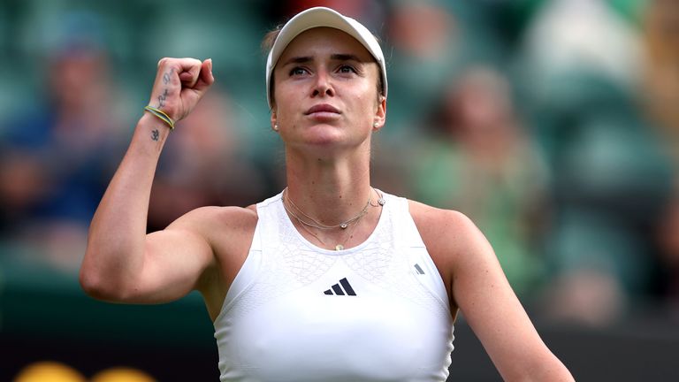 Elina Svitolina reacts during her match against Victoria Azarenka (not pictured) on day seven of the 2023 Wimbledon Championships at the All England Lawn Tennis and Croquet Club in Wimbledon. Picture date: Sunday July 9, 2023.