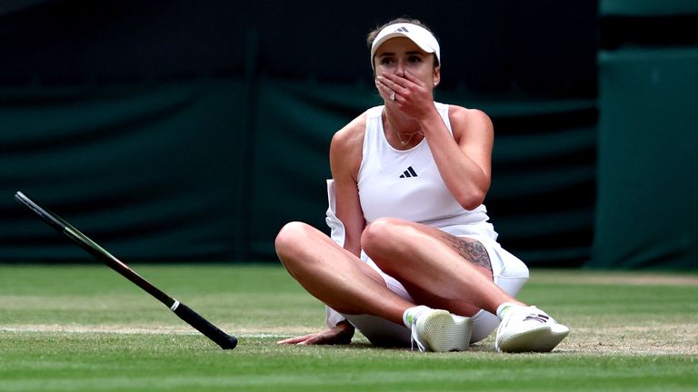 Elina Svitolina celebrates following her victory over Victoria Azarenka on day seven of the 2023 Wimbledon Championships at the All England Lawn Tennis and Croquet Club in Wimbledon. Picture date: Sunday July 9, 2023.