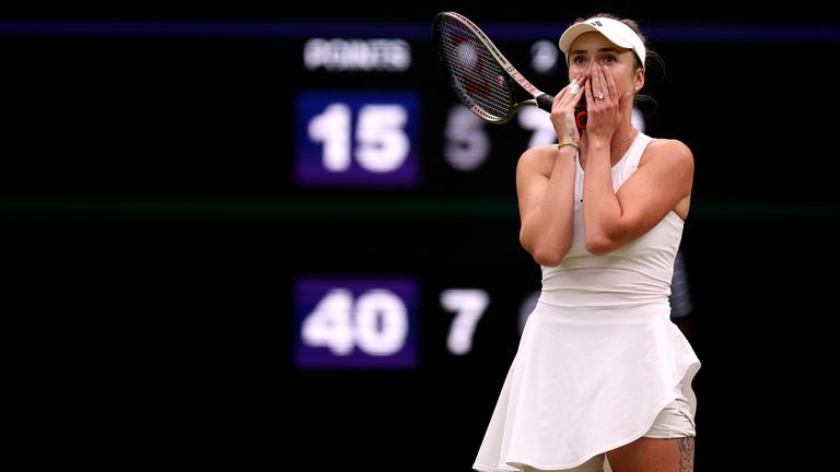 Elina Svitolina celebrates victory over Iga Swiatek following the ladies quarter finals match on day nine of the 2023 Wimbledon Championships at the All England Lawn Tennis and Croquet Club in Wimbledon. Picture date: Tuesday July 11, 2023.