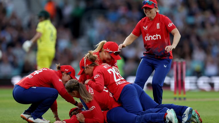 England celebrate the run out of Tahlia McGrath during the second T20I against Australia at The Oval