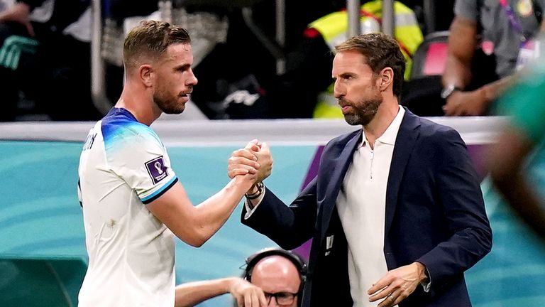 England's Jordan Henderson shakes hands with manager Gareth Southgate as he is substituted during the World Cup