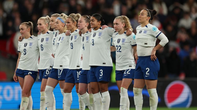England players stand inside the centre circle as they wait their turn in a penalty shootout at the end of the Women&#39;s Finalissima soccer match between England and Brazil at Wembley stadium in London, Thursday, April 6, 2023. (AP Photo/Ian Walton)