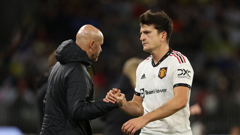 Erik ten Hag the head coach of Manchester United and Harry Maguire of Manchester United during the Pre-Season Friendly match between Manchester United and Aston Villa at Optus Stadium on July 23, 2022 in Perth, Australia.