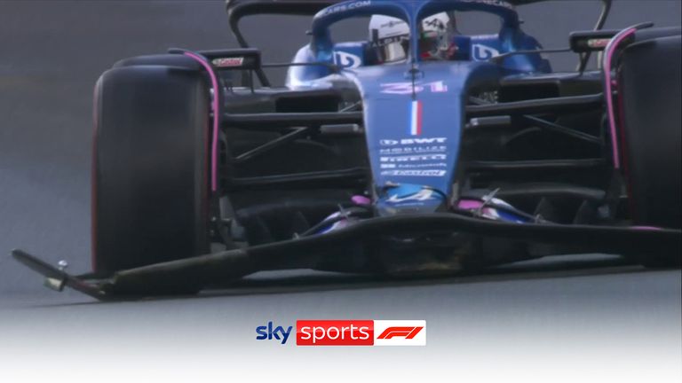 Esteban Ocon has front wing damage after hitting the wall at the corner with no name.