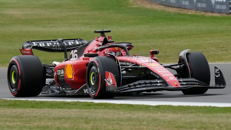 Ferrari driver Charles Leclerc of Monaco steers his car during the third free practice at the British Formula One Grand Prix at the Silverstone racetrack, Silverstone, England, Saturday, July 8, 2023. The British Formula One Grand Prix will be held on Sunday. (AP Photo/Luca Bruno)